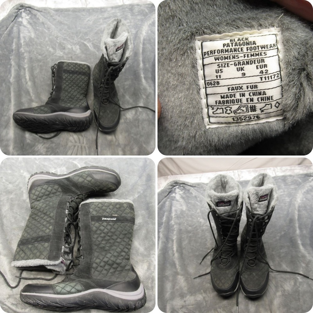 Patagonia Women 11 Boots Black Suede Waterproof Quilted Winter Snow Winterride